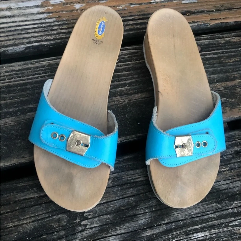 Dr Scholls Aqua Blue Wood Leather Exercise Sandals Sz 8 Slip On Vintage 70s 80s